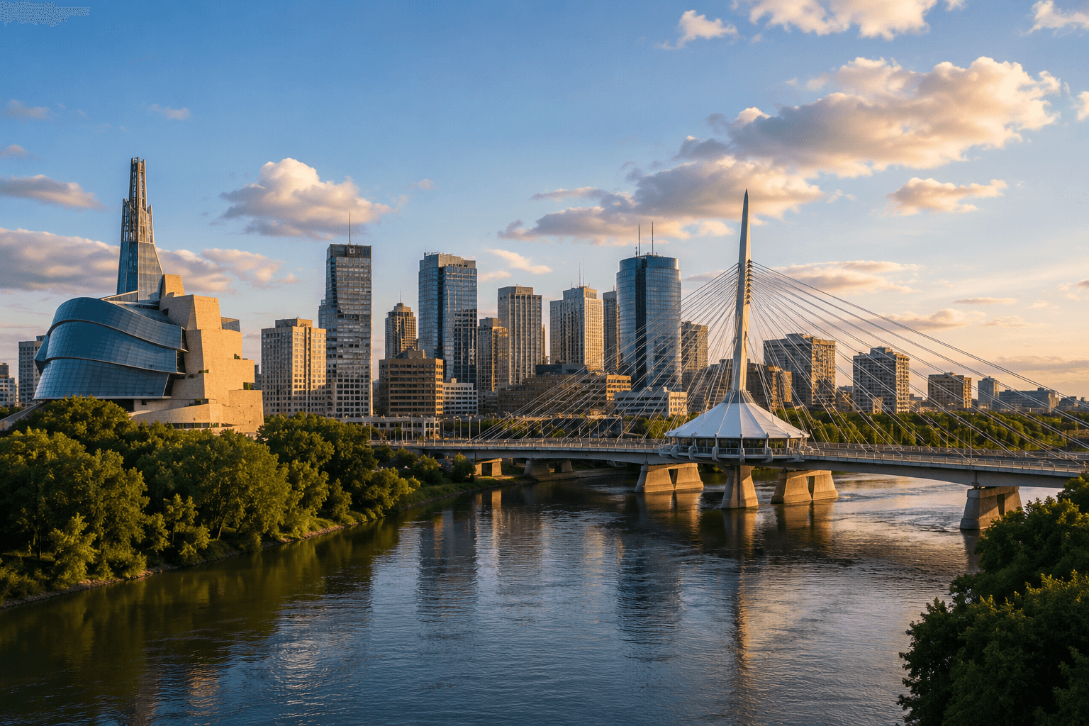 Winnipeg skyline and the Esplanade Riel footbridge over the Red River.