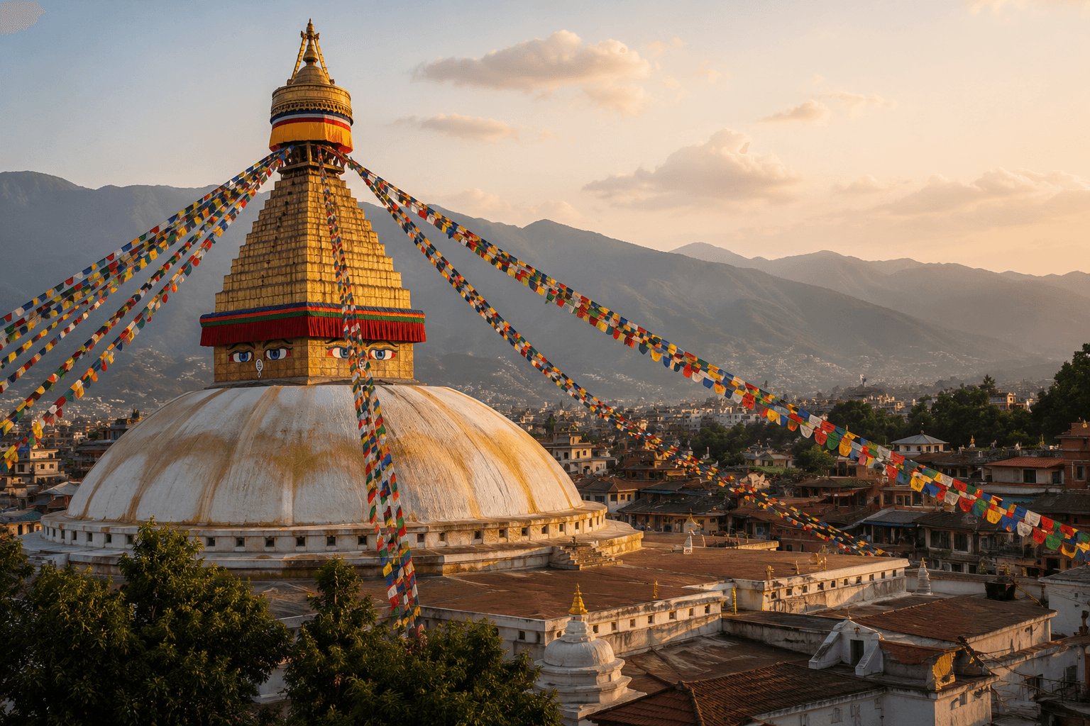 Boudhanath Stupa at dusk, prayer flags strung over the Kathmandu valley.